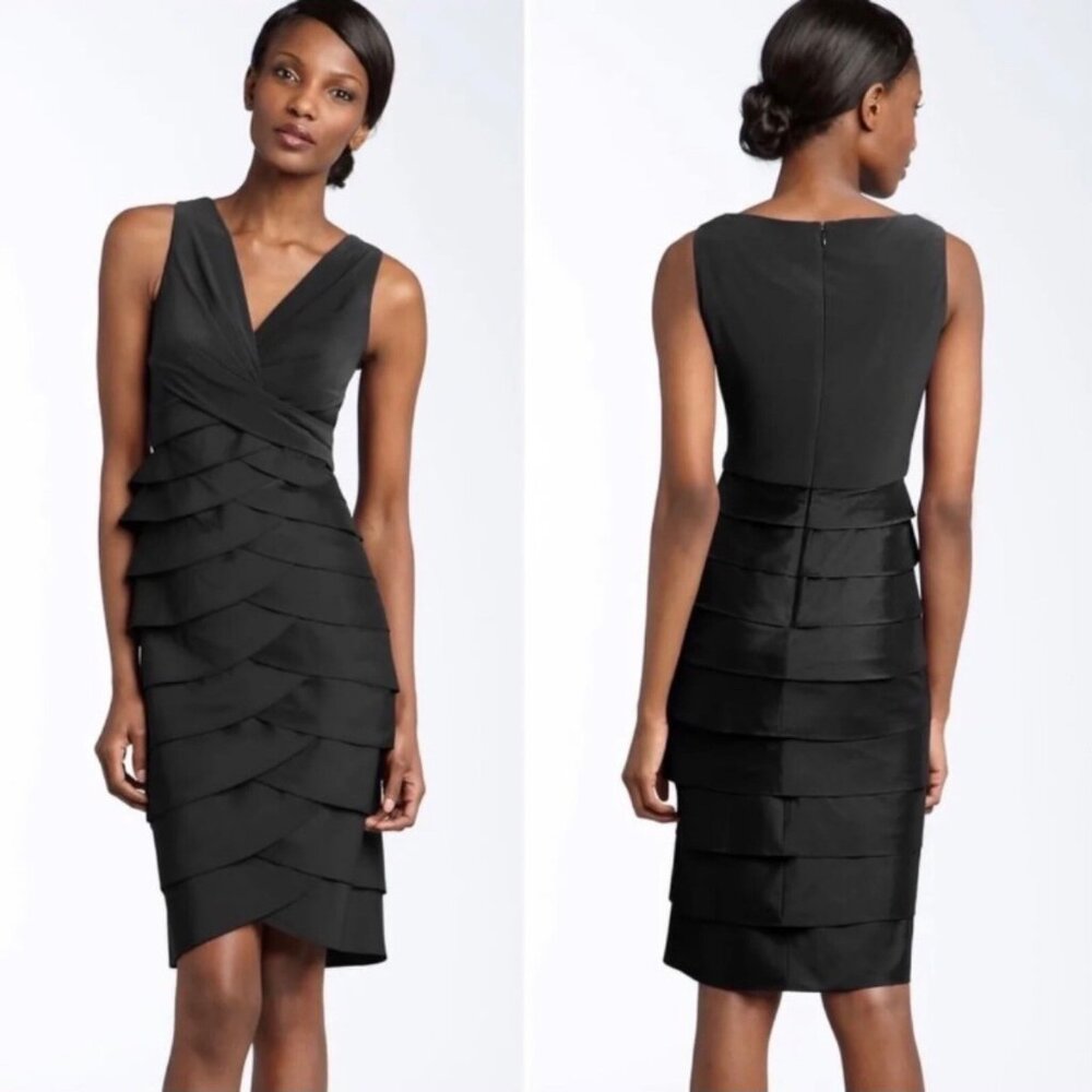 Adrianna Papell Black Tiered Hammered Satin Sheath Dress Sz 14